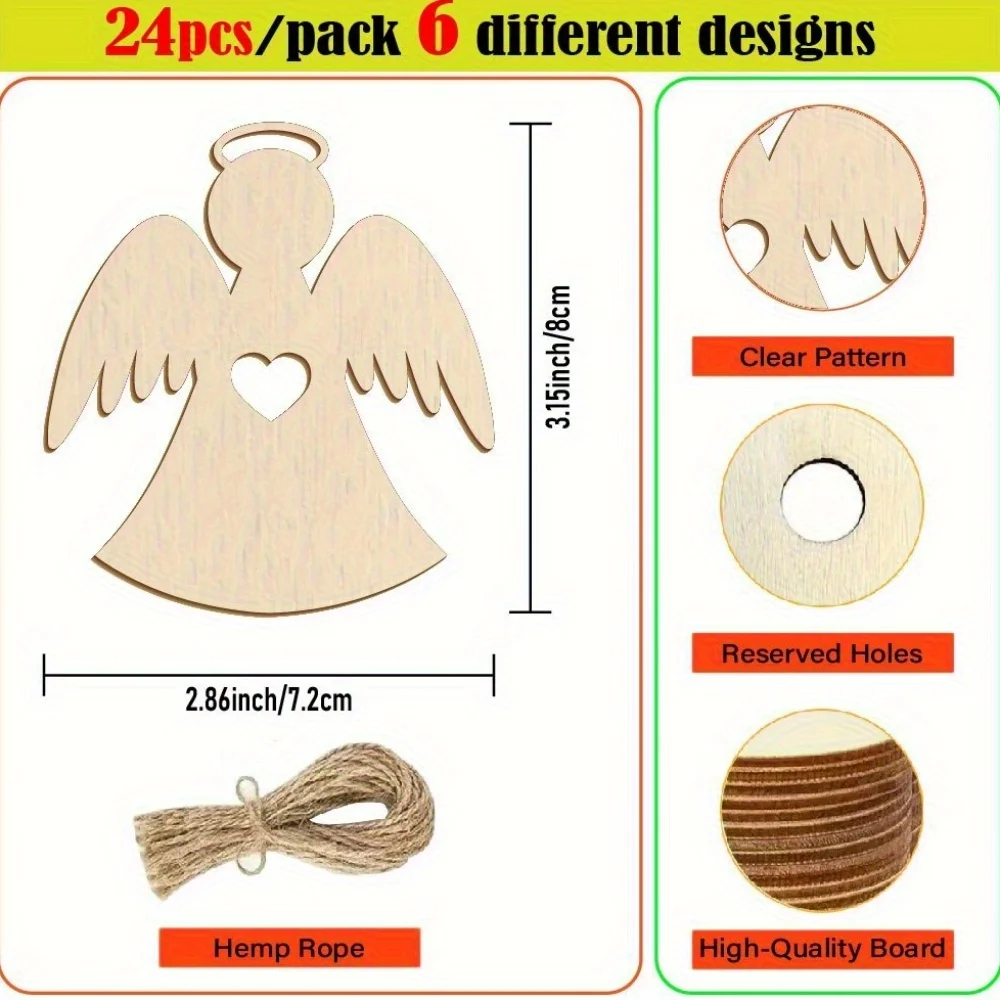 24pcs Unfinished Wood Hanging Decorations 6 Designs Angel Christmas Wooden Ornaments