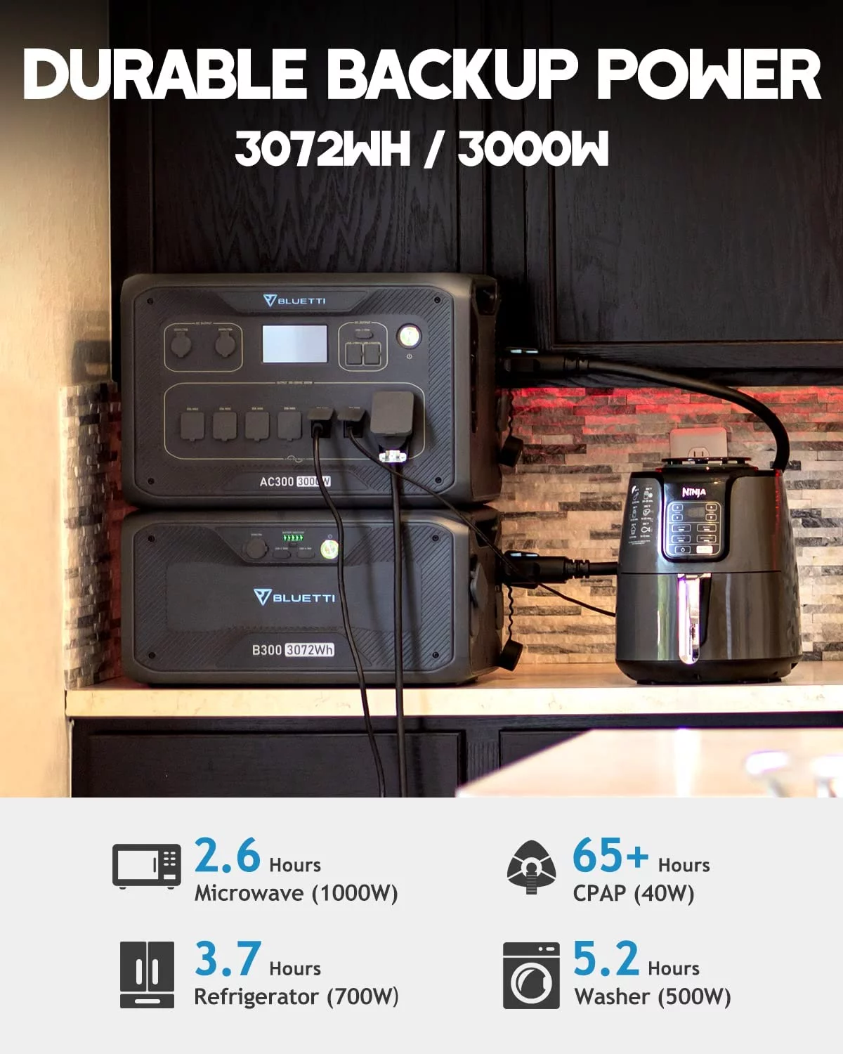 BLUETTI AC300&B300 Solar Generator 3072Wh Expansion Battery Power Station with 3 PV200 200W Solar Panels Included, 6 X 3000W AC Outlets