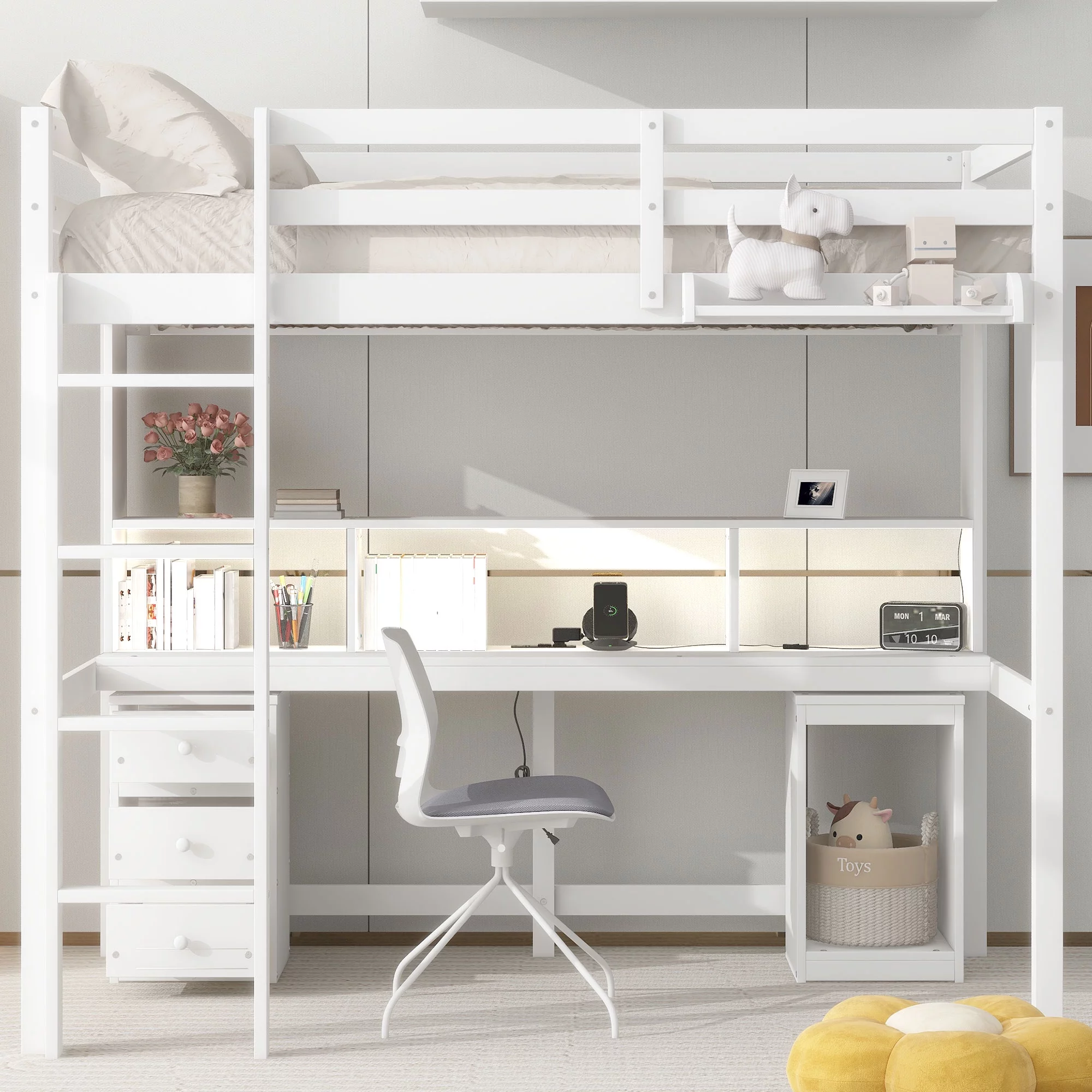 Euroco Twin Size Loft Bed with Built-in Desk, 3 Drawers and USB Charging Station, LED Light Under Bed Space