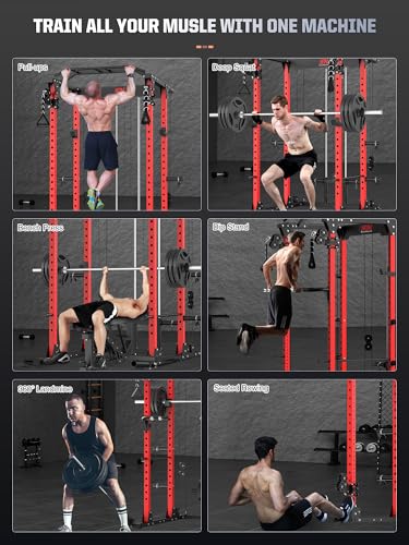 SunHome Power Cage Squat Rack, Multi-Functional Power Rack with Adjustable Cable Crossover System, J-Hooks, Dip Handles, Weight Plate Storage