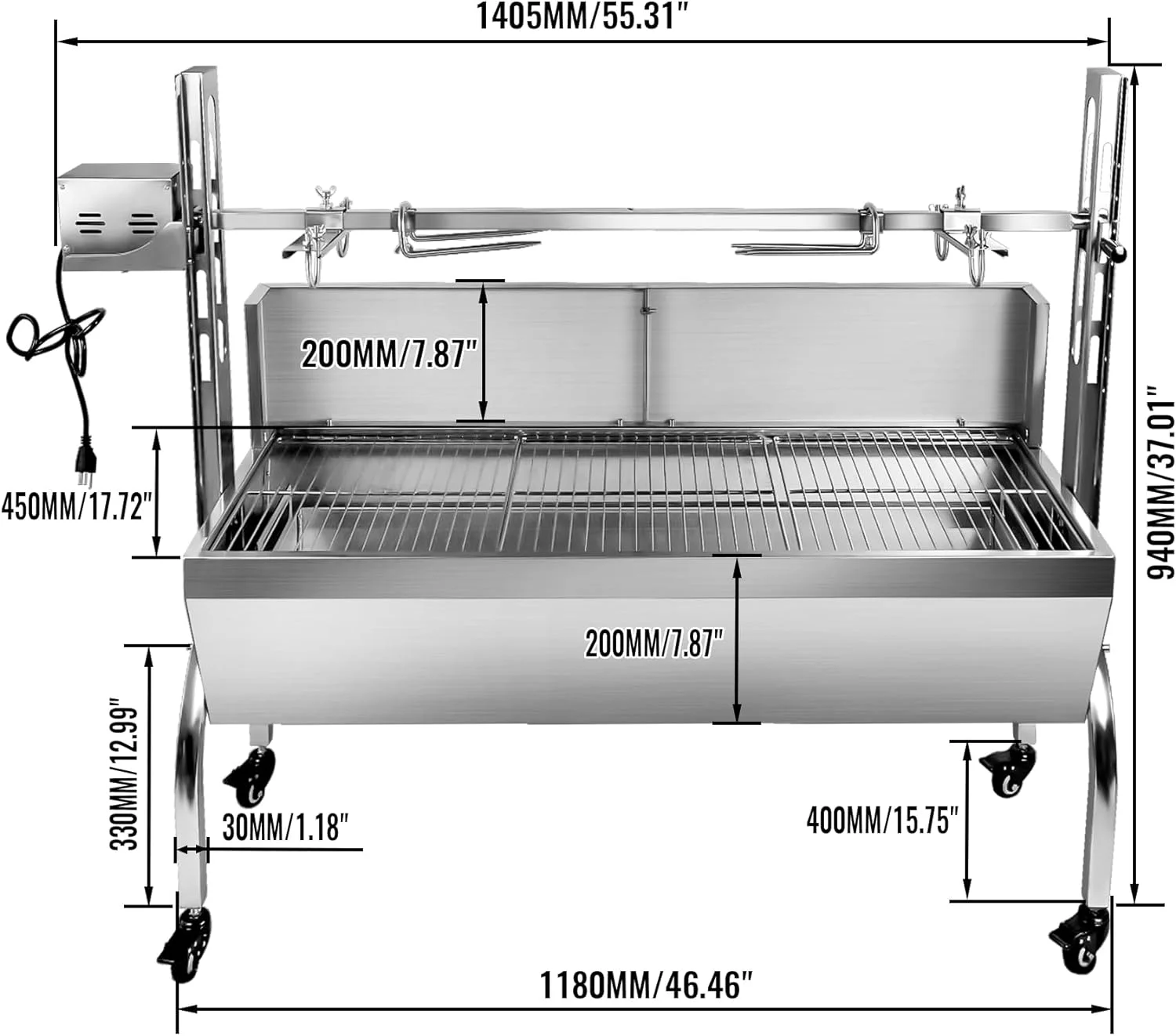 176LBS Stainless Steel Rotisserie Grill with Back Cover Guard, 25W Motor Small Pig Lamb Rotisserie Roaster