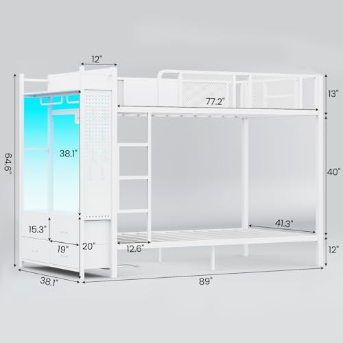 Itaar Metal Bunk Bed Twin Over Twin with Hall Tree, Power Outlet, LED Bunk Bed with 4 Storage Drawers, Bed with Safety Guardrail & Ladders
