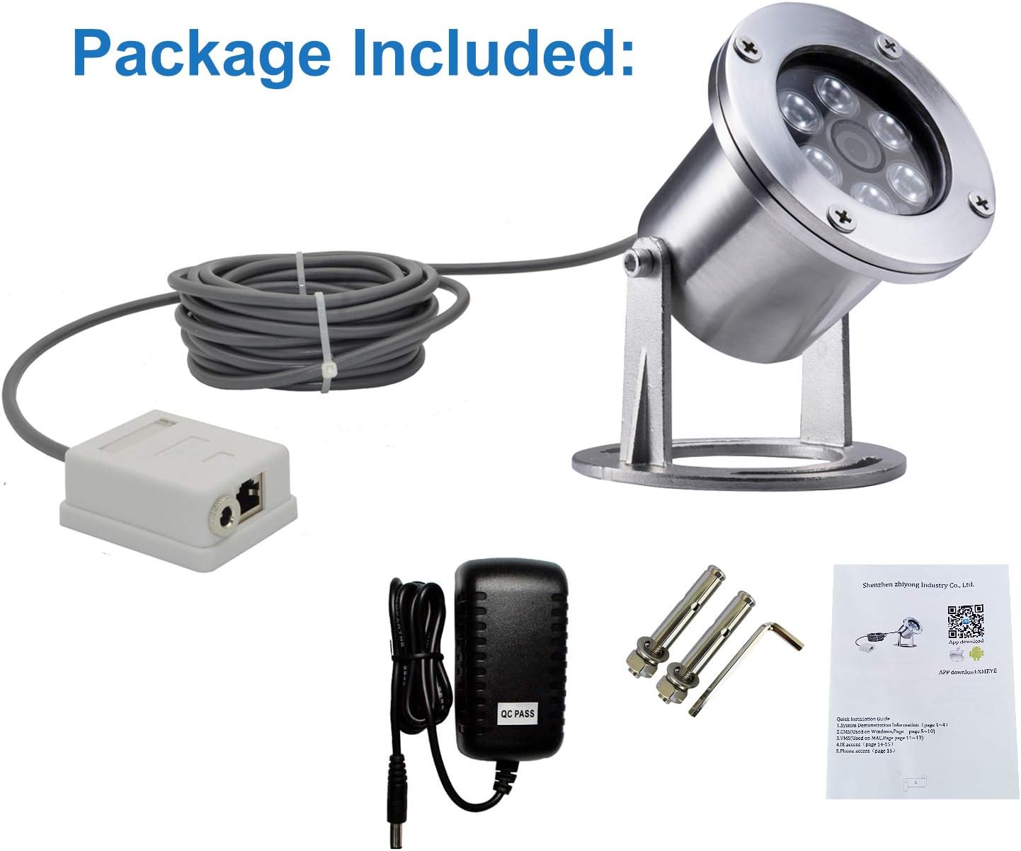 Barlus Underwater Cameras 304 Stainless Steel IP68 5MP 2592×1944 POE IP Camera 32Ft Cable Koi Pond Camera