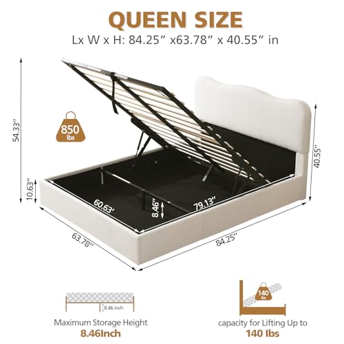 VELOCAVA Queen Size Lift-Up Storage Bed, Upholstered Boucle Bed with Curved Headboard, Rounded Corners, Sturdy Wooden Slat Support