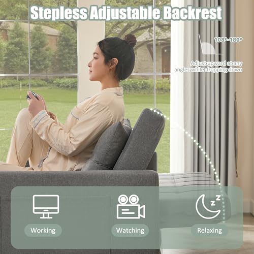52" Sleeper Sofa with Pull-Out Bed, 3-in-1 Convertible Sofa Bed, Loveseat with Stepless Adjustable Backrest and Side Pocket
