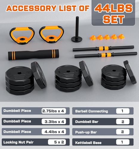 5-in-1 Adjustable Dumbbell Set, 33/44/66/88lbs Free Weights Set with Connector, Used as Kettlebells, Barbell, Push up Stand, Standard 1" Plates