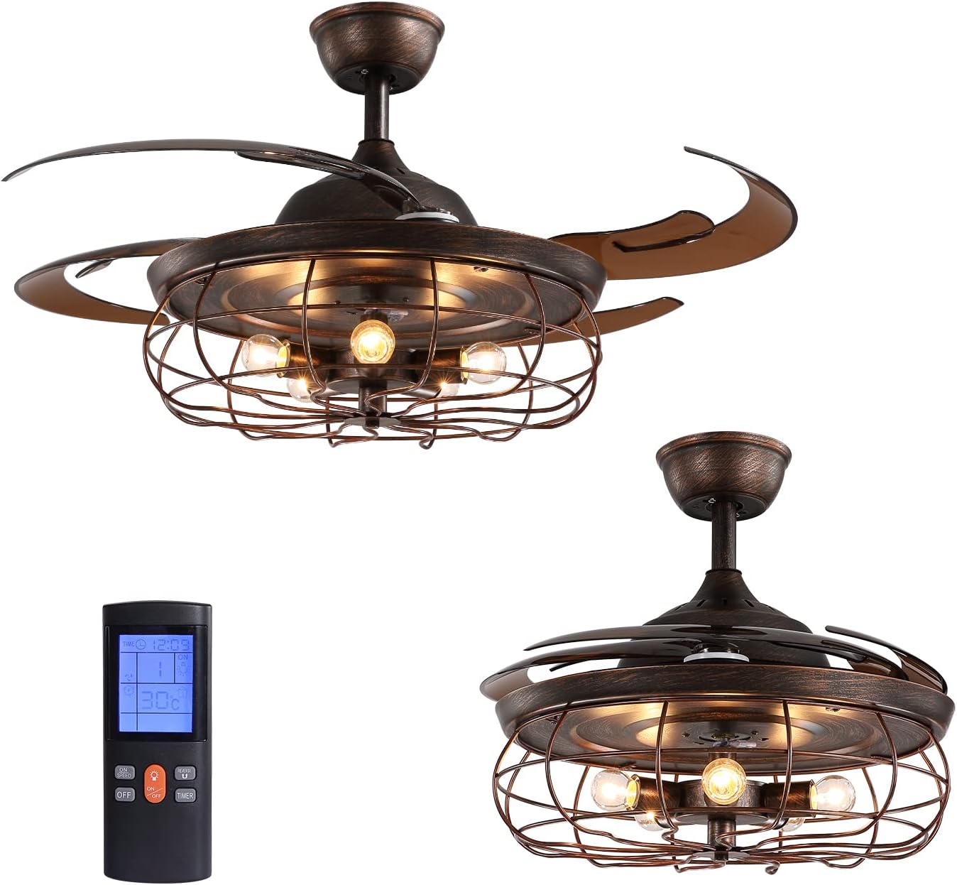 SILJOY 48 Inches Industrial Ceiling Fan with Lights, Vintage Cage Ceiling Fan with Remote Control, 6 Fan Speed