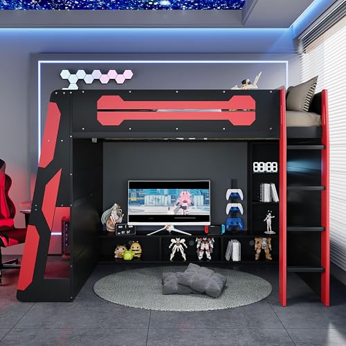 Modern Full Size Gaming Loft Bed with Built-in Desk and Storage Wardrobe, Wood Loft Bed Frame with Light Strip and 2 Drawers