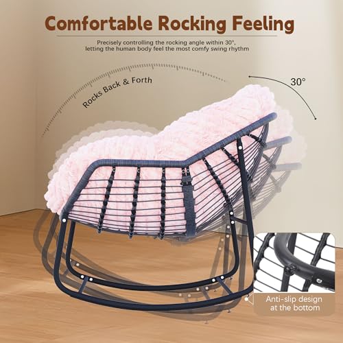 Outdoor Indoor Rocking Chair, Patio Wicker Egg Chair, Indoor & Outdoor Comfy Oversized Papasan Chair with Padded Cushion