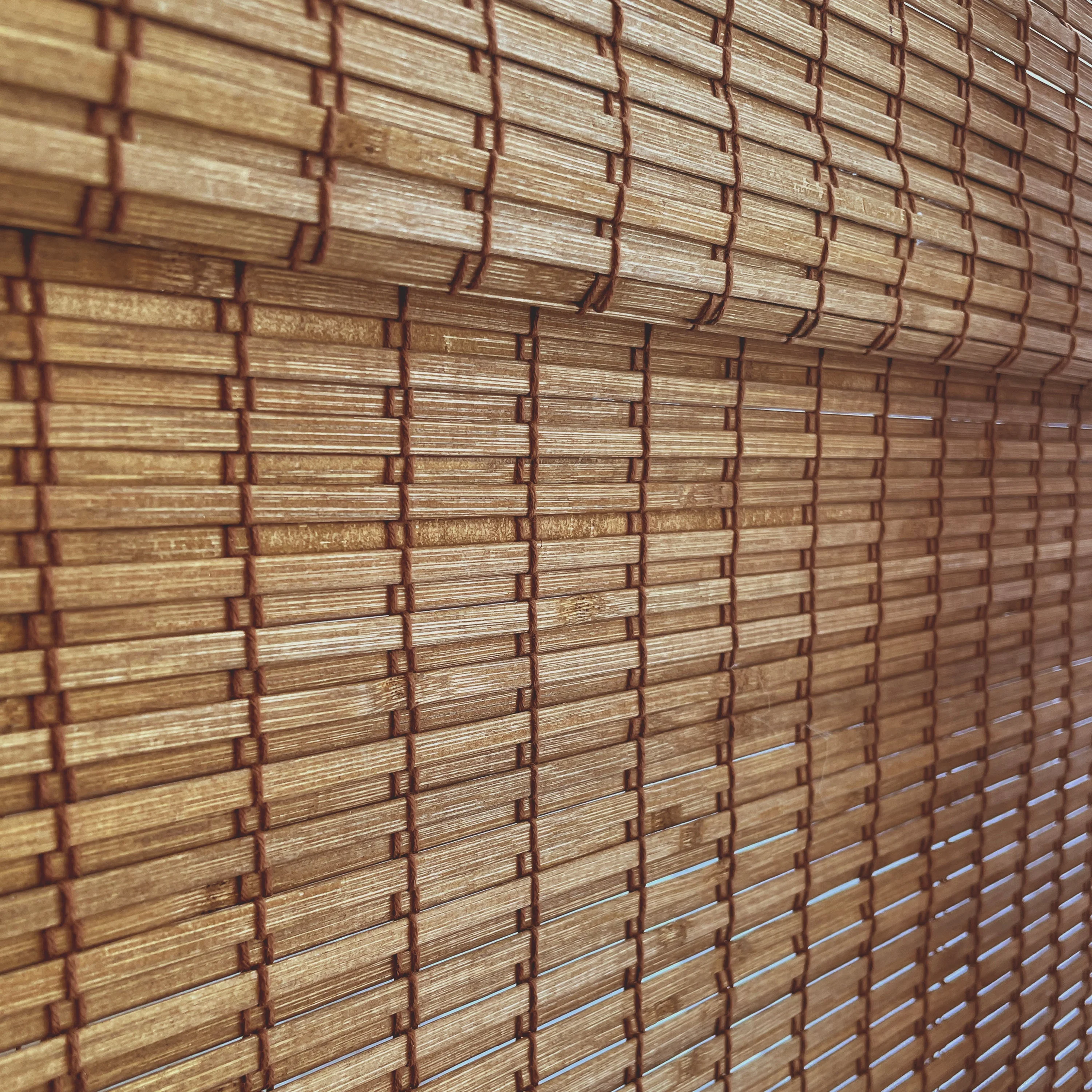 MOOD Custom Bamboo Shades | RUSTIC | Cordless Designer Natural Woven Wood Roman Shades for Windows | Rustic Walnut (Great Privacy) | 37"W X 60"H