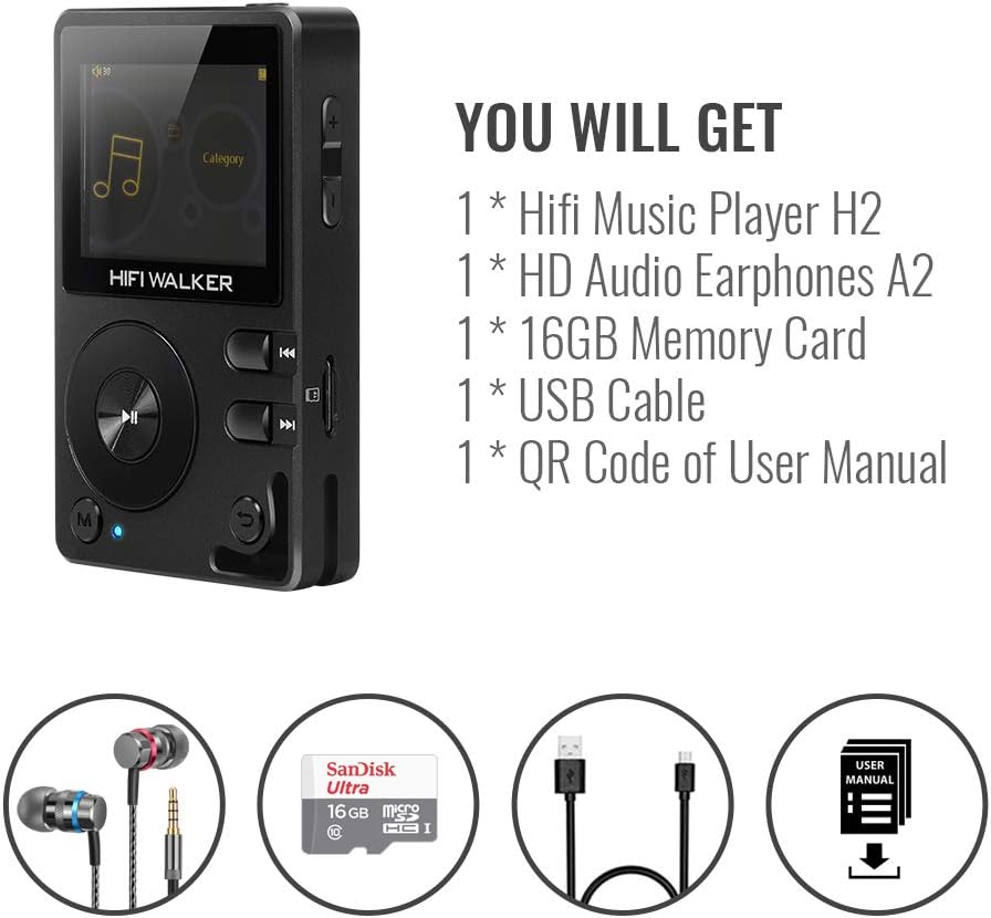 HIFI WALKER H2, High Resolution Bluetooth MP3 Player, DSD DAC OTG, Portable Digital Audio Music Player with Memory Card and HD Earphones