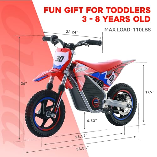 OLALA 36V Electric Dirt Bike for Kids Aged 4-8, Brushless 350W Racing Grade Electric Motorcycle, Up to 18.6MPH & 3 Speed Settings, Dual Disc Brakes