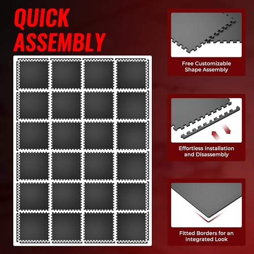 SUPERJARE 0.56'' Thick 24 Pcs 96 Sq Ft Rubber Top Exercise Equipment Mats, High Density EVA Foam Mats with Rubber Top