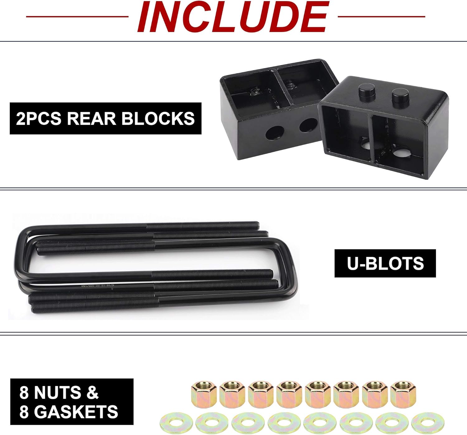 3" Rear Leveling Lift Block Kits Extended Square U-Bolts Compatible with 2004-2019 F150 2WD 4WD Pickup Pack of 2