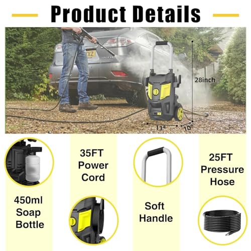 Electric Pressure Washer - 4500 PSI 2.8 GPM Electric Power Washer with 35FT Power Cord, 4 Different Nozzles, Soap Cannon for Car, Garden, Yard, House