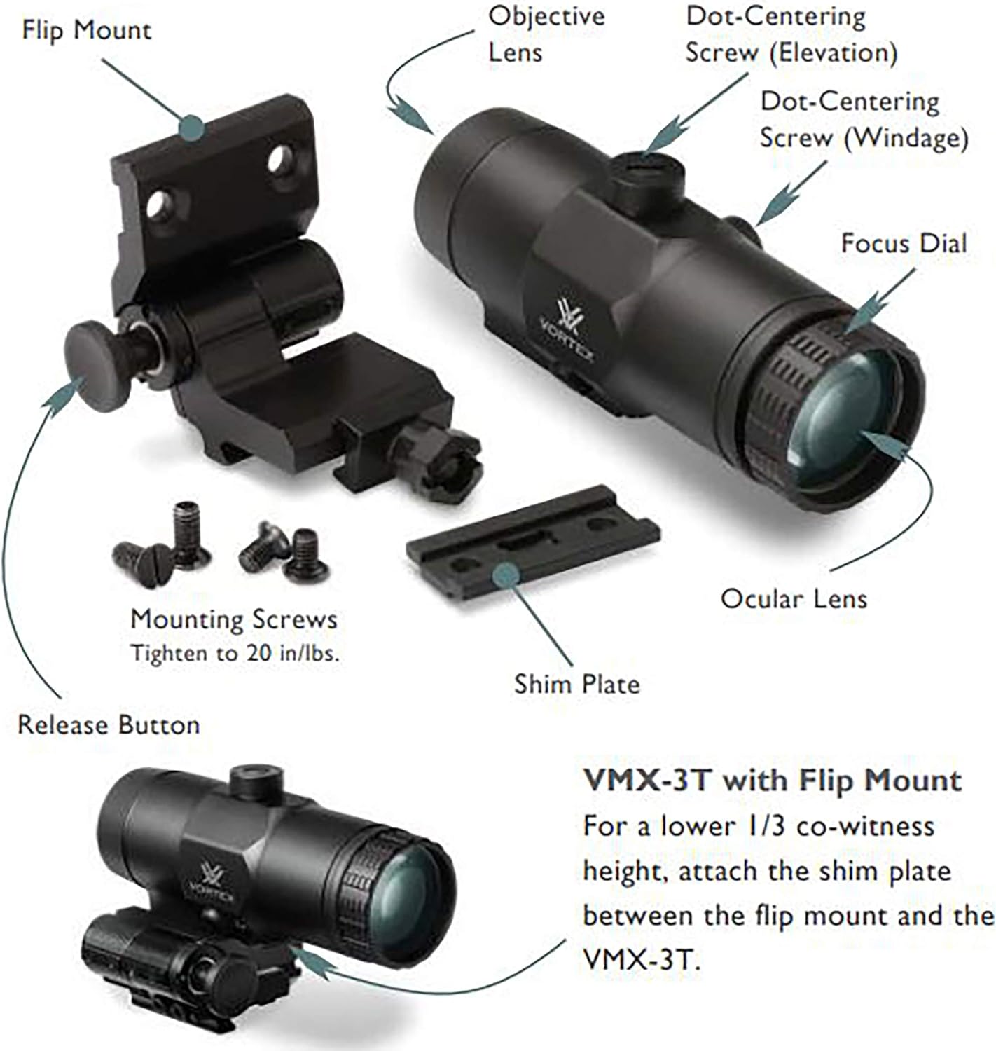 Vortex Optics VMX-3T 3X Red Dot Sight Magnifier with Built-In Flip Mount