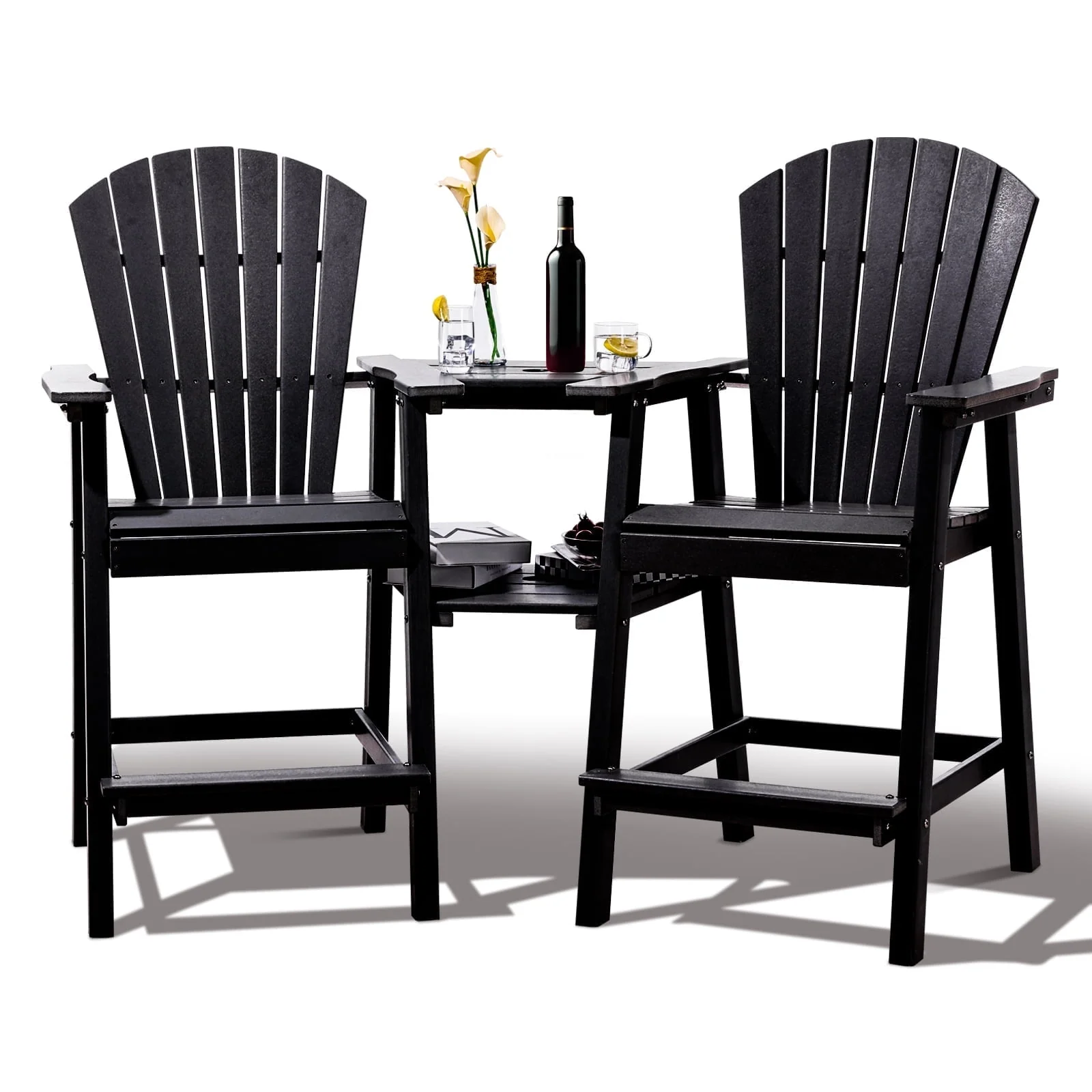 Tall Adirondack Chairs Set of 2 .Outdoor Adirondack Barstools with Double Connecting Tray Patio Stools Weather Resistant for Outdoor Deck Lawn Pool