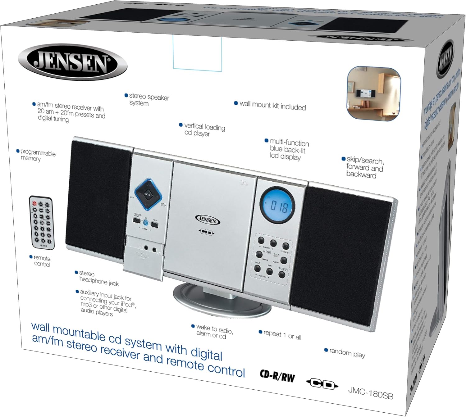 Jensen Modern Black Series JMC-180 Silver Wall Mountable Vertical Loading CD Music System, Digital AM/FM Stereo with Speakers, Aux-in