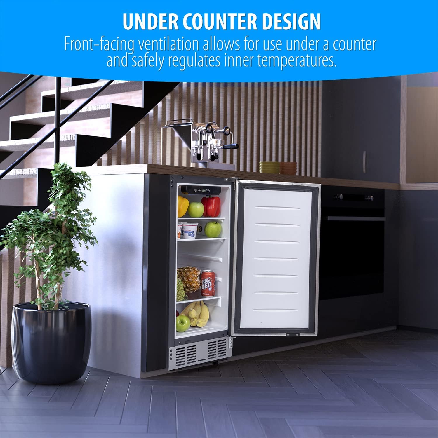 Deco Chef 15-Inch Under Counter Mini Fridge, Stainless Steel Finish, Adjustable Digital Thermostat, 32F to 50F, Refrigerator for Food, Snacks, Sodas