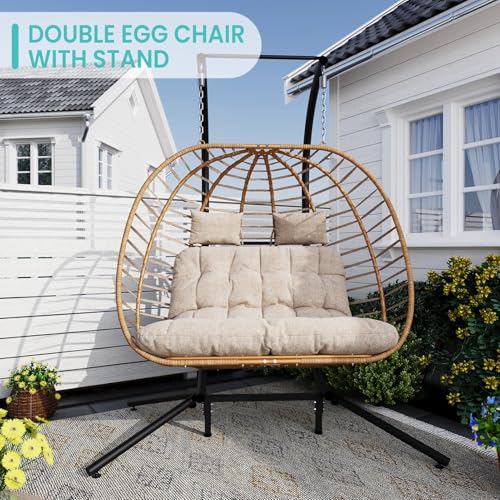 SWITTE Double Egg Swing Chair with Stand, Outdoor Patio 2 Person Hanging Wicker Hammock Chairs with Cushion for Indoor Bedroom, Lawn, Garden-Dark Grey