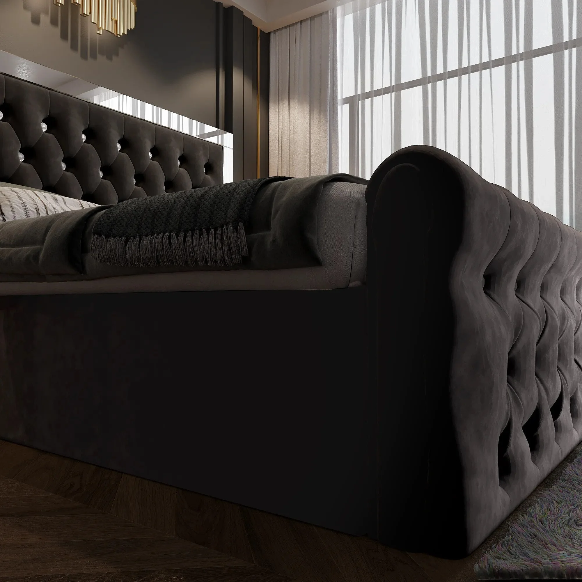 Headboard with Mirror Crystal Luxury Double Queen King Ottoman Gas Lift Velvet Fabric Upholstered Bedroom Furniture