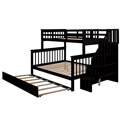 Ball & Cast Full Over Full Bunk Bed with Twin Size Trundle and Built in 4 Drawer,Wood Bunkbed w/Storage Ladder & Slat Support