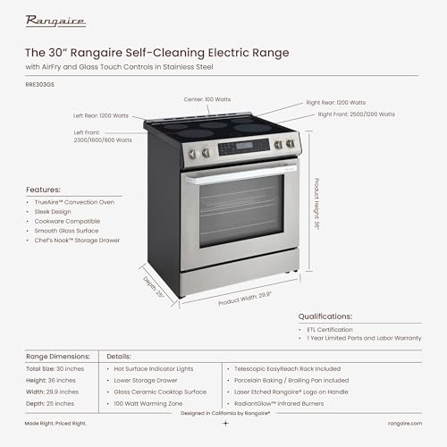 Rangaire Stainless Steel Gas/Electric/Induction Range 4 and 5 Cooktop Burners, True Convection, Steam and Self Clean