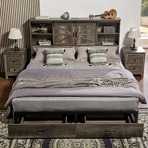 VanAcc Full Size Bed Frame, Wooden Platform Storage Bed with 51.2" Bookcase Headboard, 2 Drawers