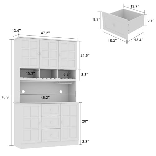 Homsee Modern Kitchen Pantry with Glass Doors, Drawers & Adjustable Shelves