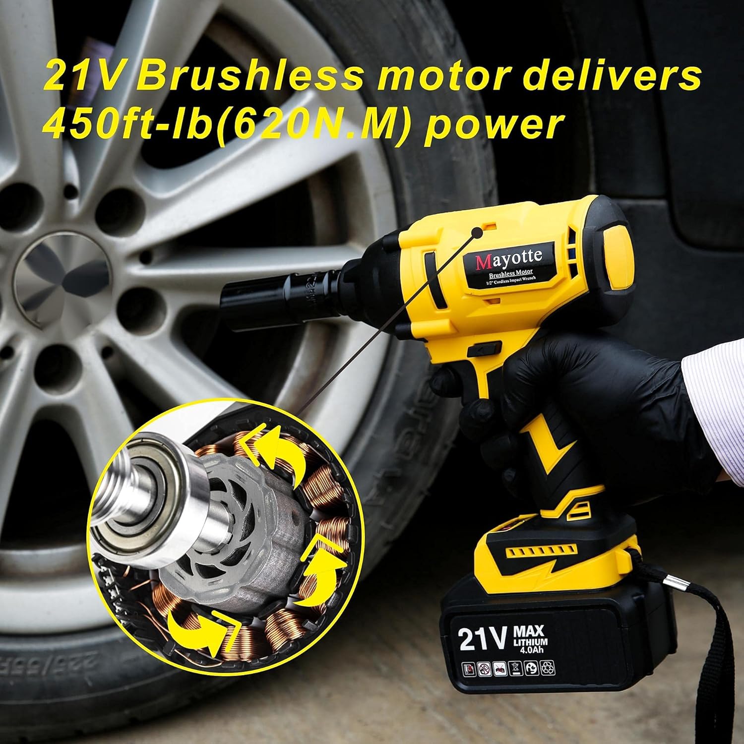 Cordless Impact Wrench 1/2 inch, Mayotte 21V Brushless Compact High Torque Impact Wrench Kit 460 Ft-lbs,4.0A Li-ion Battery, 4 Sockets