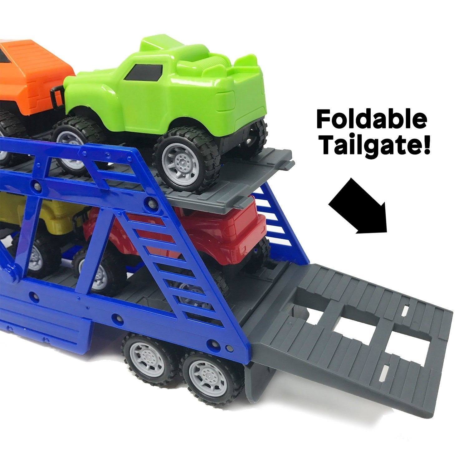 Boley 5-in-1 Big Rig Hauler Truck Carrier Toy Complete Trailer with Construction Signs and Monster Jam Trucks Great Toy for Boys