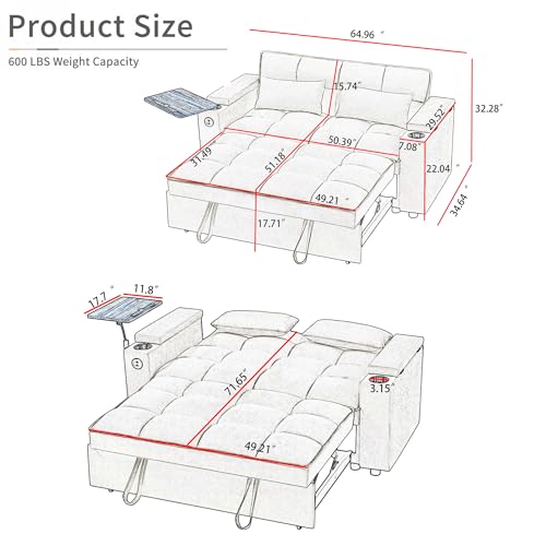 68.11" Corduroy Sleeper Chair Bed with USB Port, Cup Holders & Side Storage Pockets – 3-in-1 Foldable Sofa Bed for Guest Room, Living Room – White