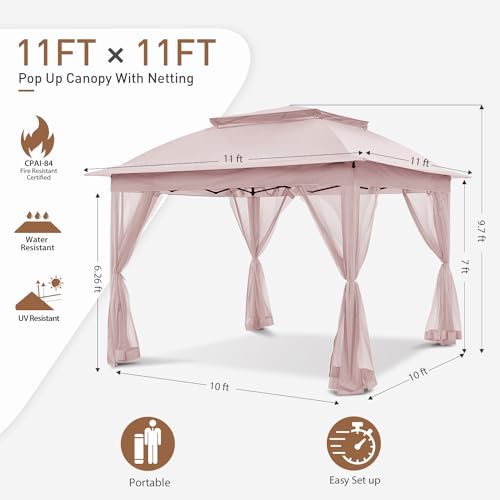 COOS BAY 11x11 Pop Up Instant Gazebo Tent with Mosquito Netting Outdoor Canopy Shelter with 121 Square Feet of Shade (Beige)