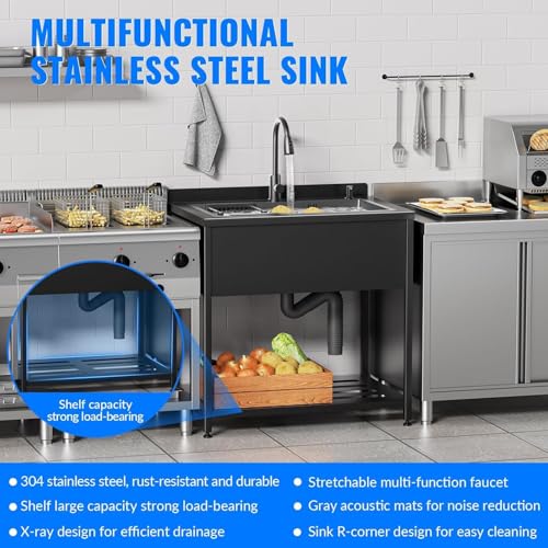 Stainless Steel Utility Sink, 30.8" × 22" × 39.5"Freestanding Sink with Cold and Hot Water Faucet,Hoses and Drain Kit for Kitchens, Bathrooms, Garage