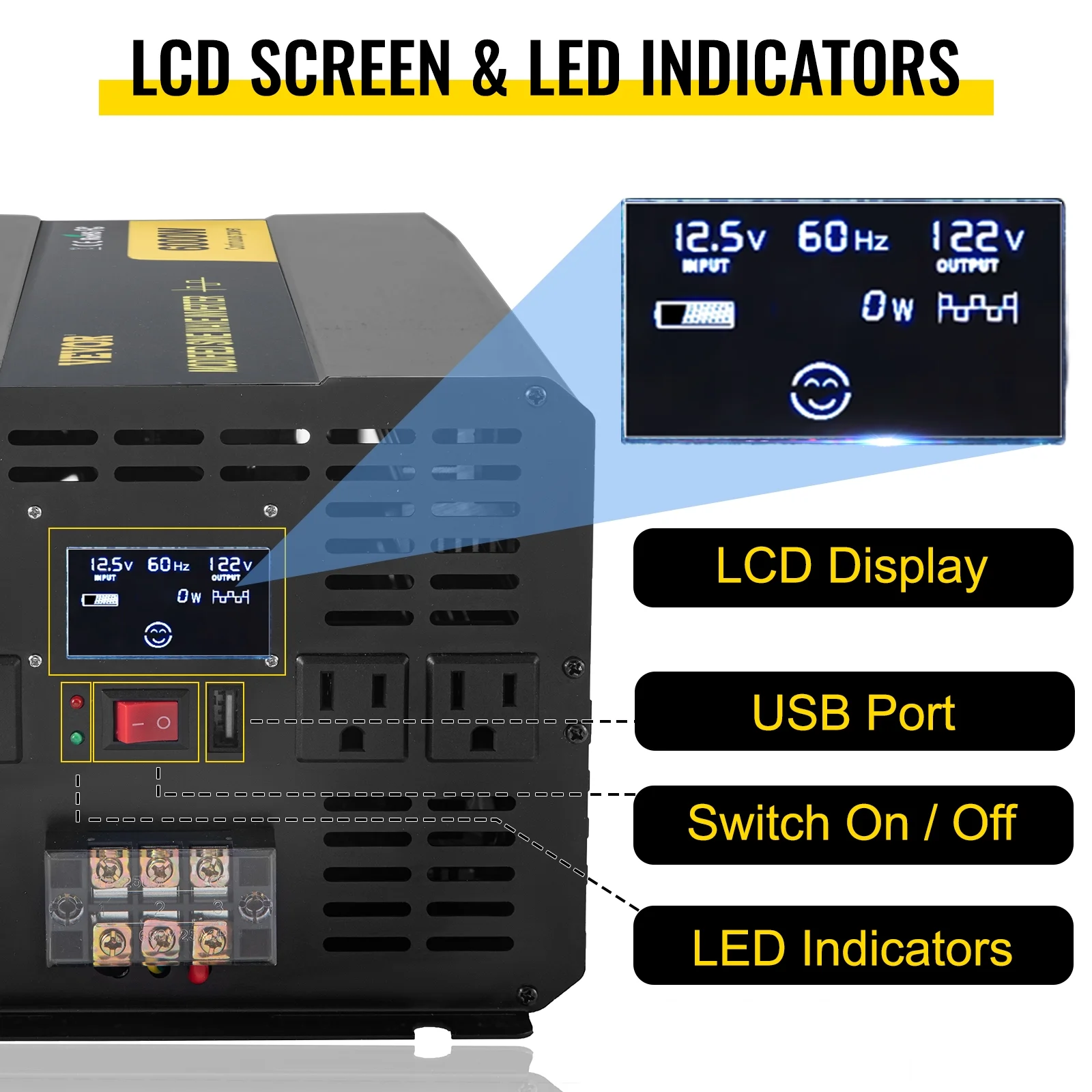 VEVOR Power Inverter 6000W Modified Sine Wave Inverter DC 12V to AC 120V Car Converter with LCD Display Remote Controller LED Indicators AC Outlets