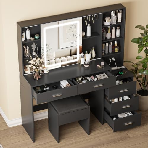 Fameill Vanity Desk with Mirror and Lights, Makeup Vanity with 5 Drawers, Makeup Desk with Charging Station and Ample Storage