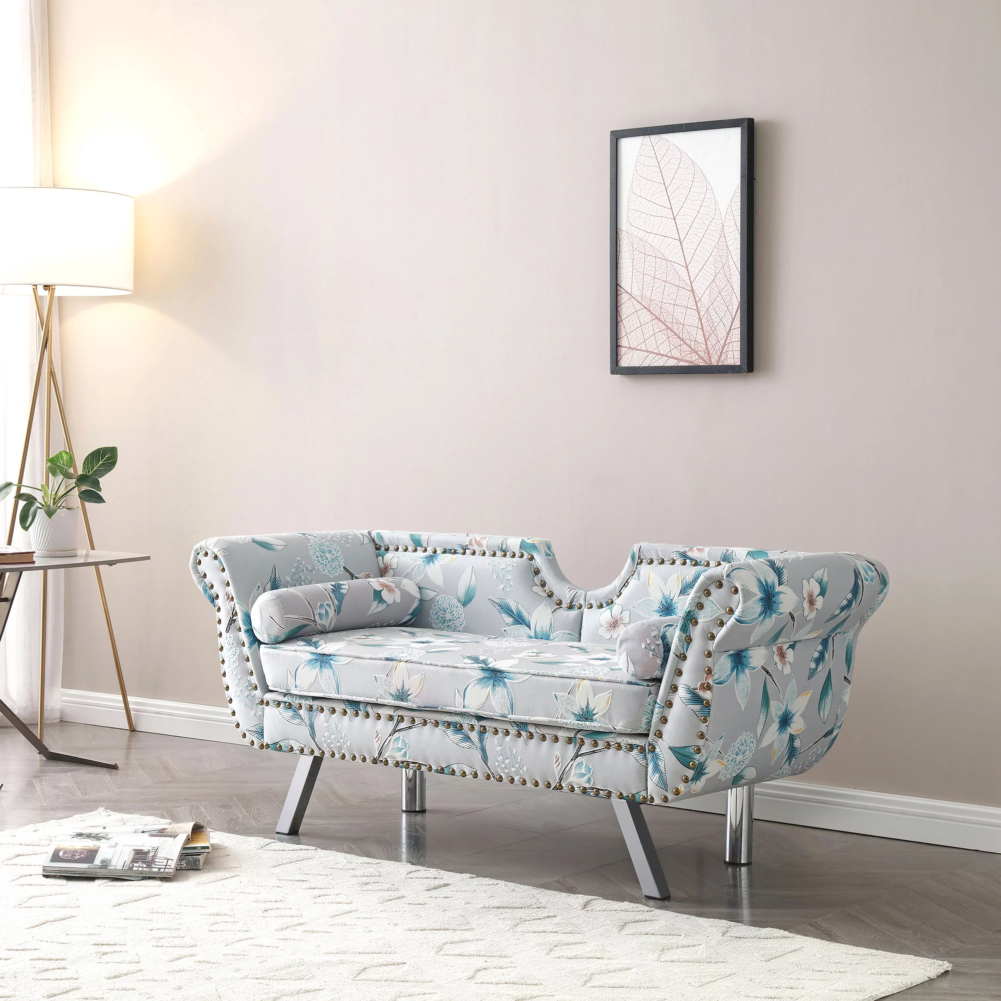 Modern Velvet Upholstered Loveseat Sofa, End of Bed Bench Settee with Nailhead Trim Arms Removable Cushion Metal Legs