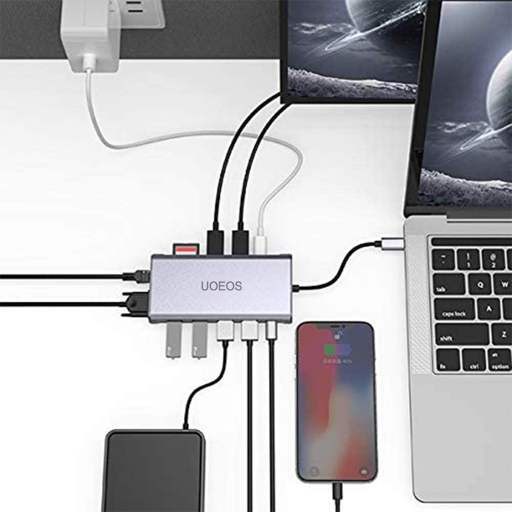 USB C Docking Station,UOEOS USB C to Dual HDMI Adapter,Type-C Laptop Docking Station Triple Display Monitor 1080P VGA,100W PD, Ethernet, Card Reader