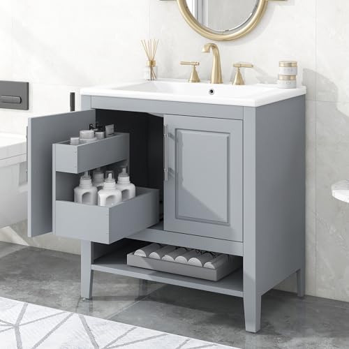 30" Bathroom Vanity with Sink,Bathroom Storage Cabinet with 2 Soft Closing Doors and Drawer,Multi-Functional Bathroom Vanities,Solid Wood Frame
