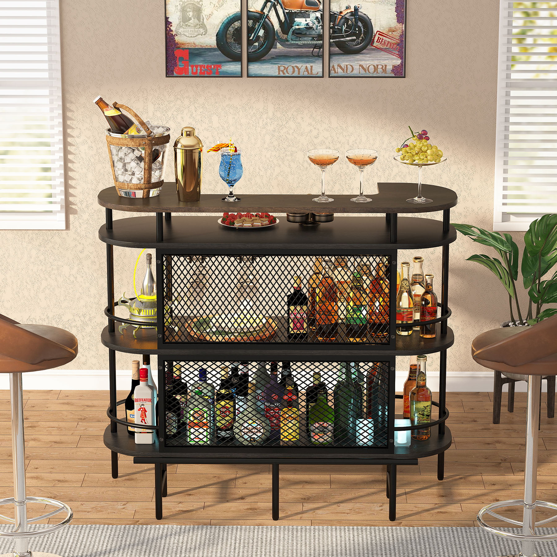 Bar Unit for Liquor, 4 Tier Bar Cabinet with Storage Shelves and Footrest, Corner Mini Bar Table with Wine Glass Holder for Home Bar