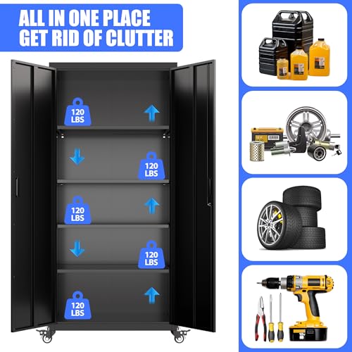 73" H Metal Storage Cabinet with Wheels, Garage Storage Cabinet with 4 Adjustable Shelves and Lockable Doors for Garage Home Office Utility Room