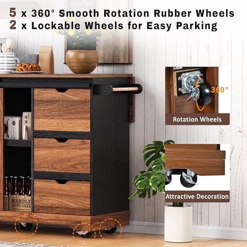 Farmhouse Kitchen Island with Power Outlet, Drop Leaf, Spice Rack and Drawer,Rolling Kitchen Cart on Wheels