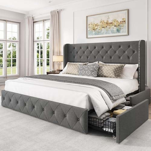 King Size Bed Frame with 4 Storage Drawers and Tufted Headboard Linen Upholstered Platform Bed Frame Wingback Beds with Wooden Slats Support