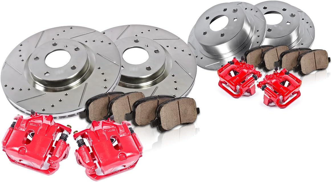 Callahan CCK12049 FRONT + REAR Powder Coated Red [4] Calipers + [4] Drilled/Slotted Rotors + Quiet Low Dust [8] Ceramic Pads
