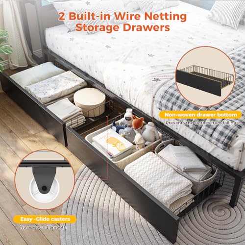 DICTAC Corner Twin Bed Frame with Bookcase Storage and Led Lights Metal Twin Size Platform Beds with Storage and Charging Station Twin Daybed with 2
