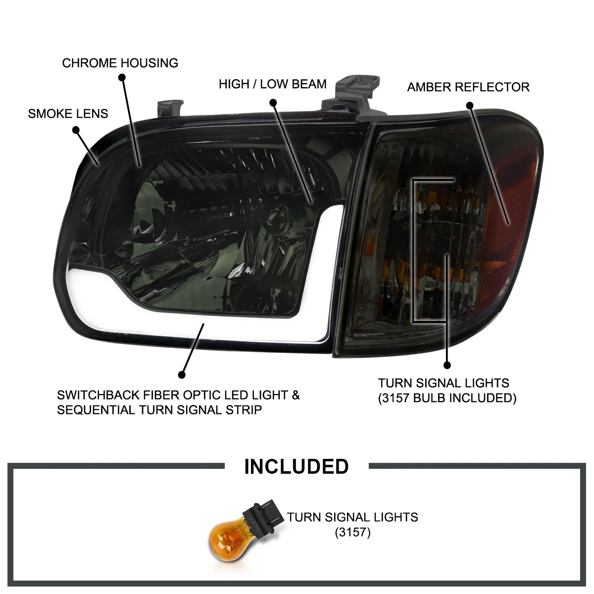 Spec-D Tuning Chrome Housing Smoke Lens LED Switchback Headlights + Corner Lights Compatible with 2005-2006 Toyota Tundra