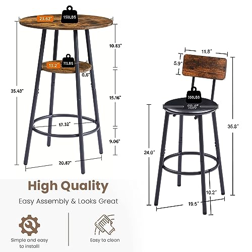 3-Piece Bar Table and Chairs Set for 2, Small 2-Tier Round Bistro Pub Dining Table & PU Upholstered Stools with Backrest
