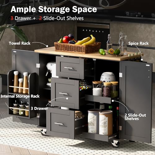 53.5''Farmhouse Kitchen Island with Power Outlet, Kitchen Storage Island with Drop Leaf, Spice Rack and Drawer, Rolling Kitchen Cart on Wheels