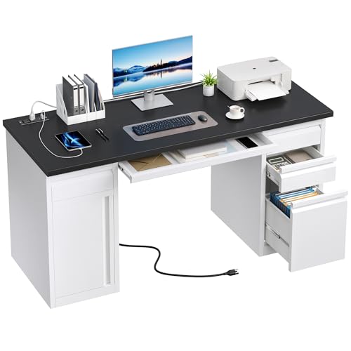YITAHOME Office Desk with 5 Drawers, Executive Desk with Power Outlets, 57 Inch Computer Desk with File Cabinet, Keyboard Tray