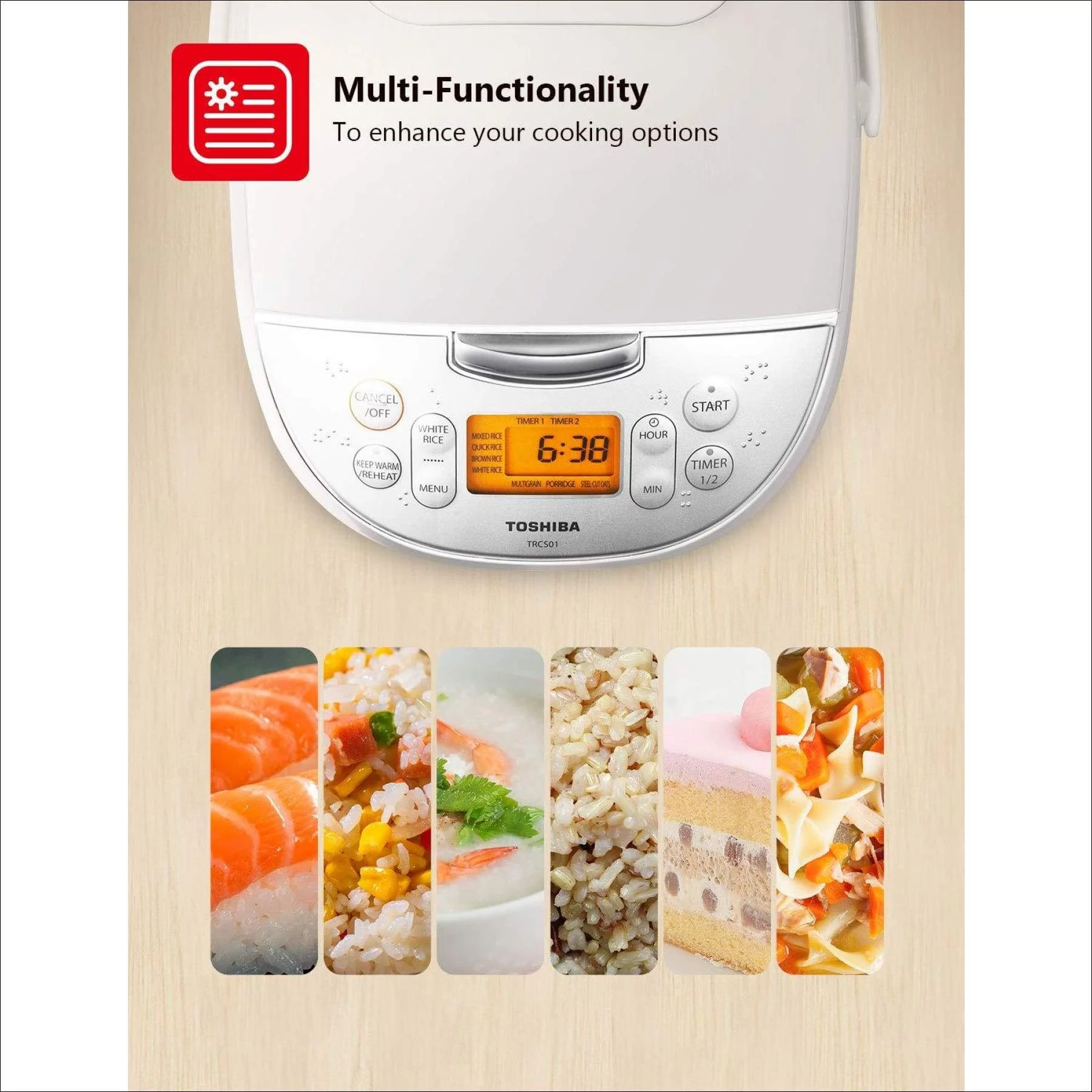 Toshiba TRCS01 Cooker 6 Cups Uncooked (3L) with Fuzzy Logic and One-Touch Cooking, Brown Rice, White Rice and Porridge
